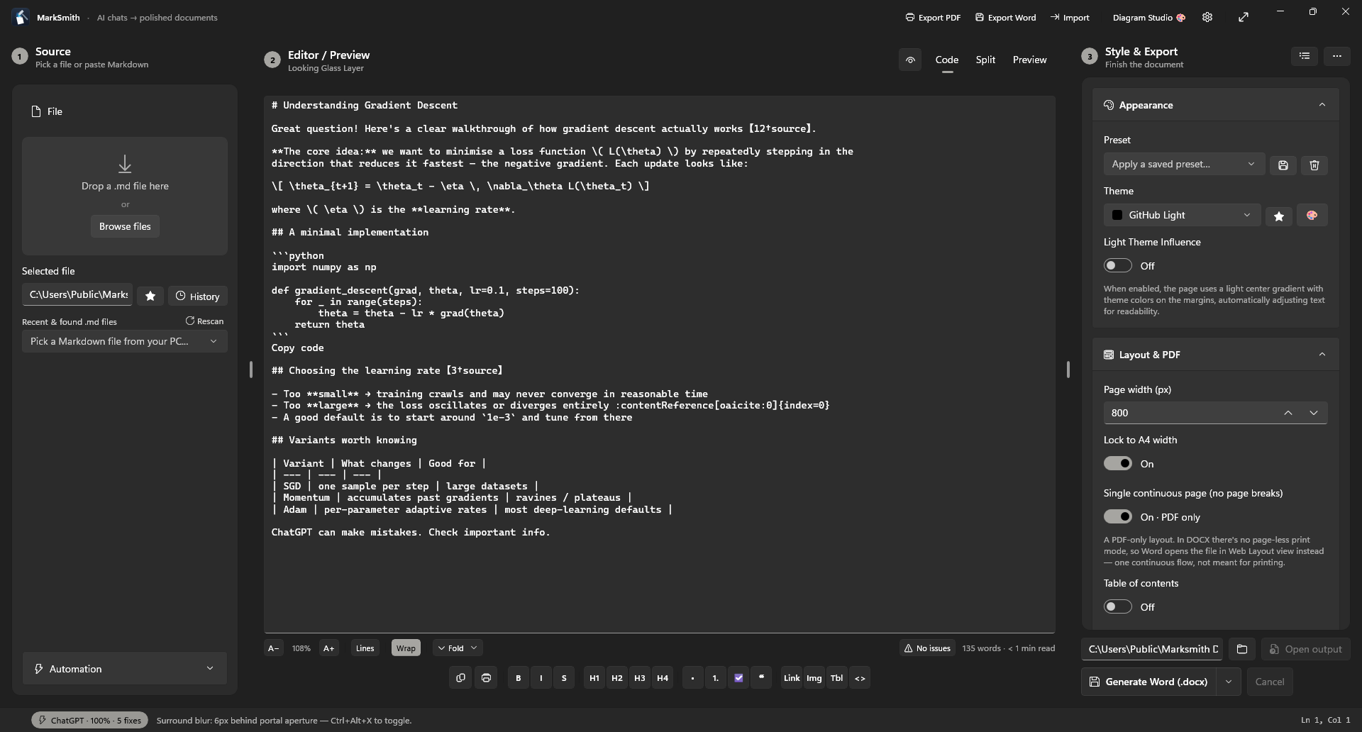 MarkSmith identifying a pasted ChatGPT export and reporting the fixes it will apply