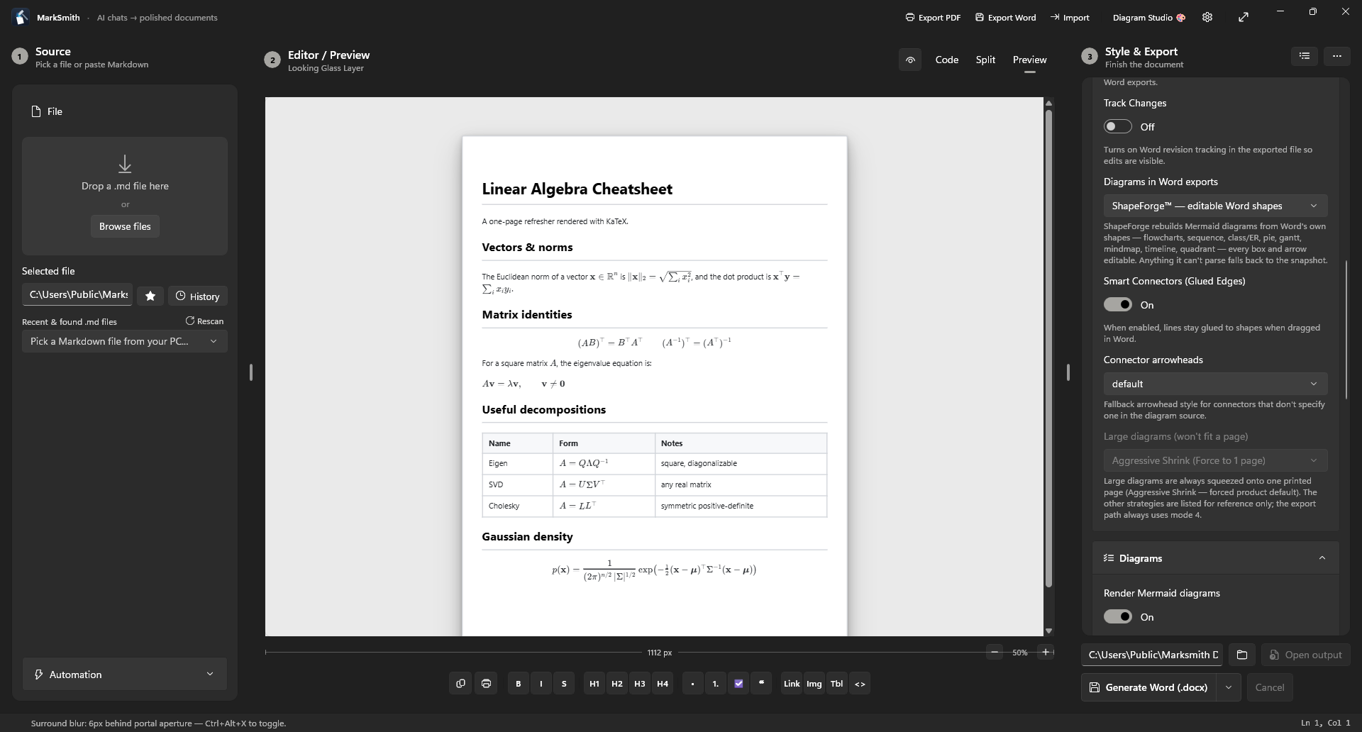 LaTeX matrices, integrals and chemistry equations rendered in the MarkSmith preview