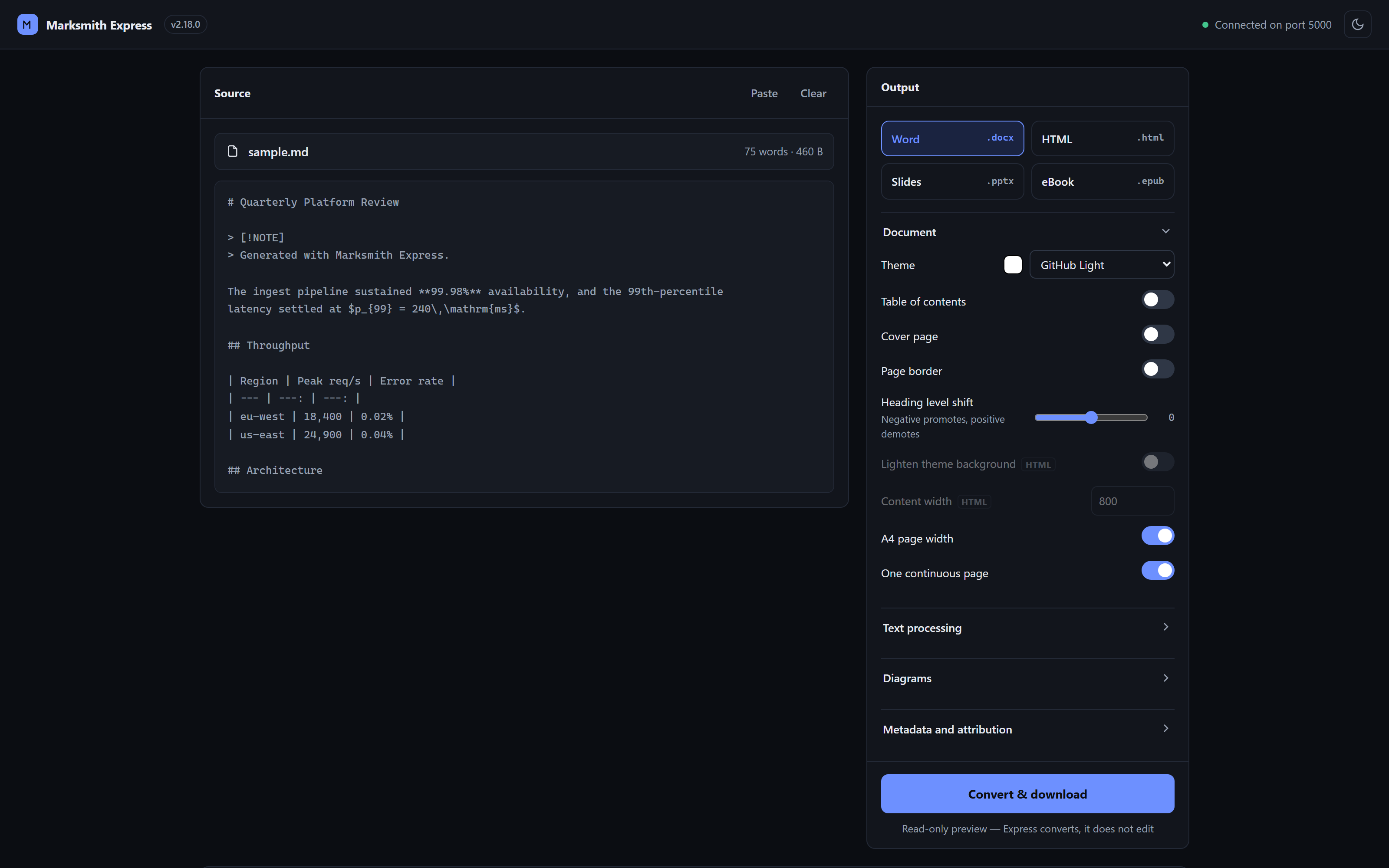 The MarkSmith Express web UI with a loaded document and the output profile panel