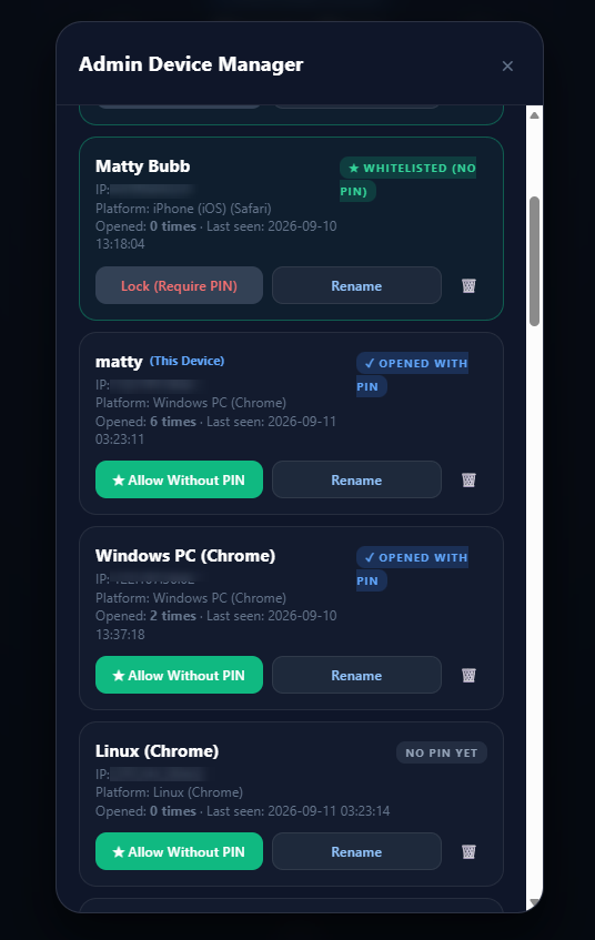 Garage admin device management dashboard