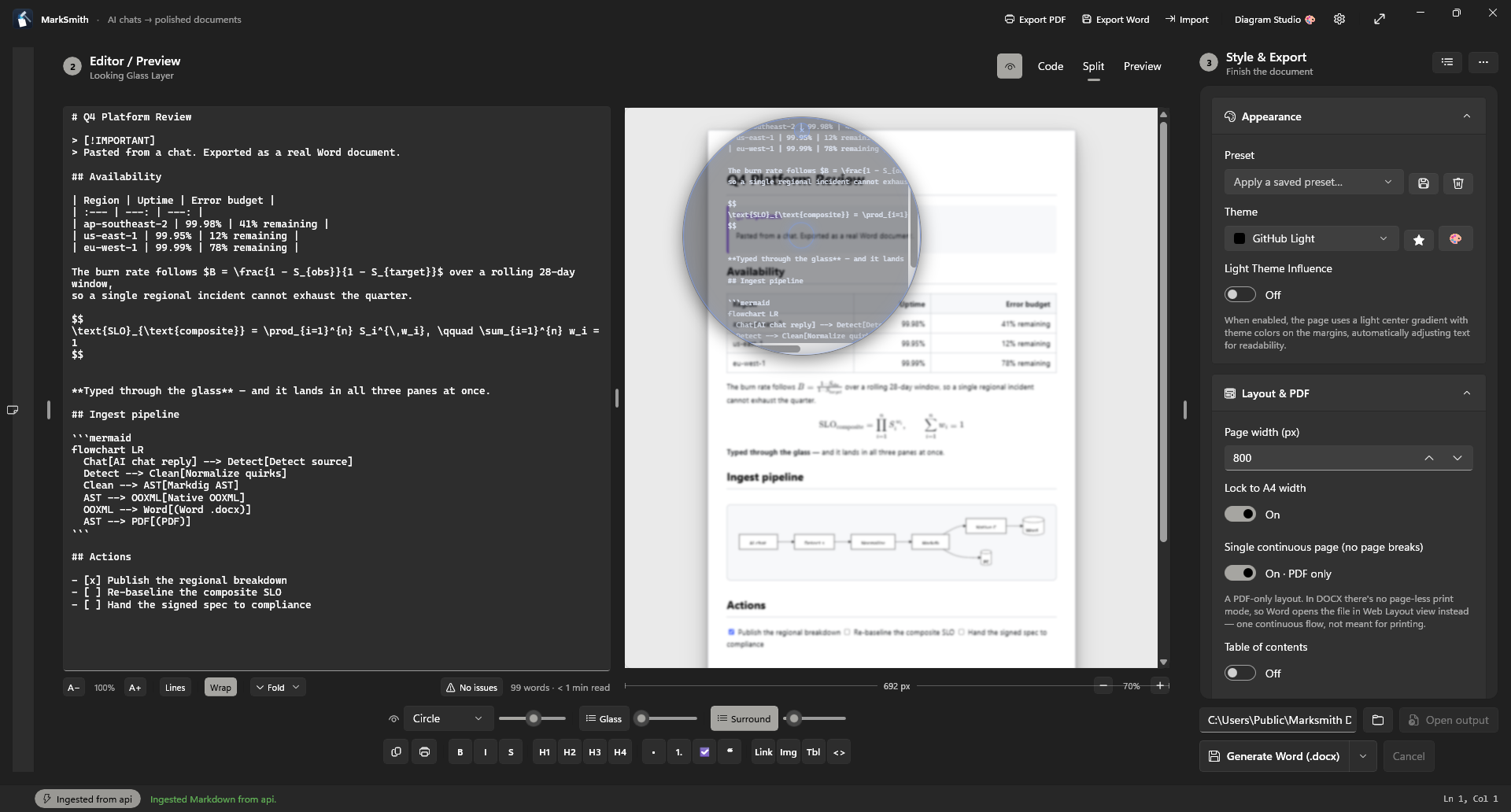 MarkSmith in split view: a circular portal cut through the rendered page reveals the Markdown source, which also appears in the editor pane on the left