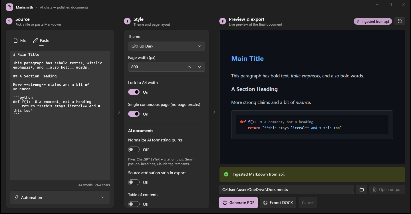MarkSmith formatting engine and typography settings
