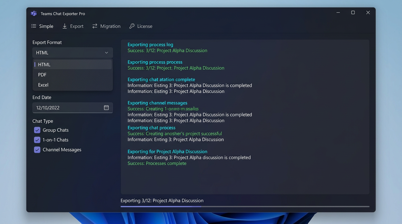 TeamsChatExporter Pro desktop application interface