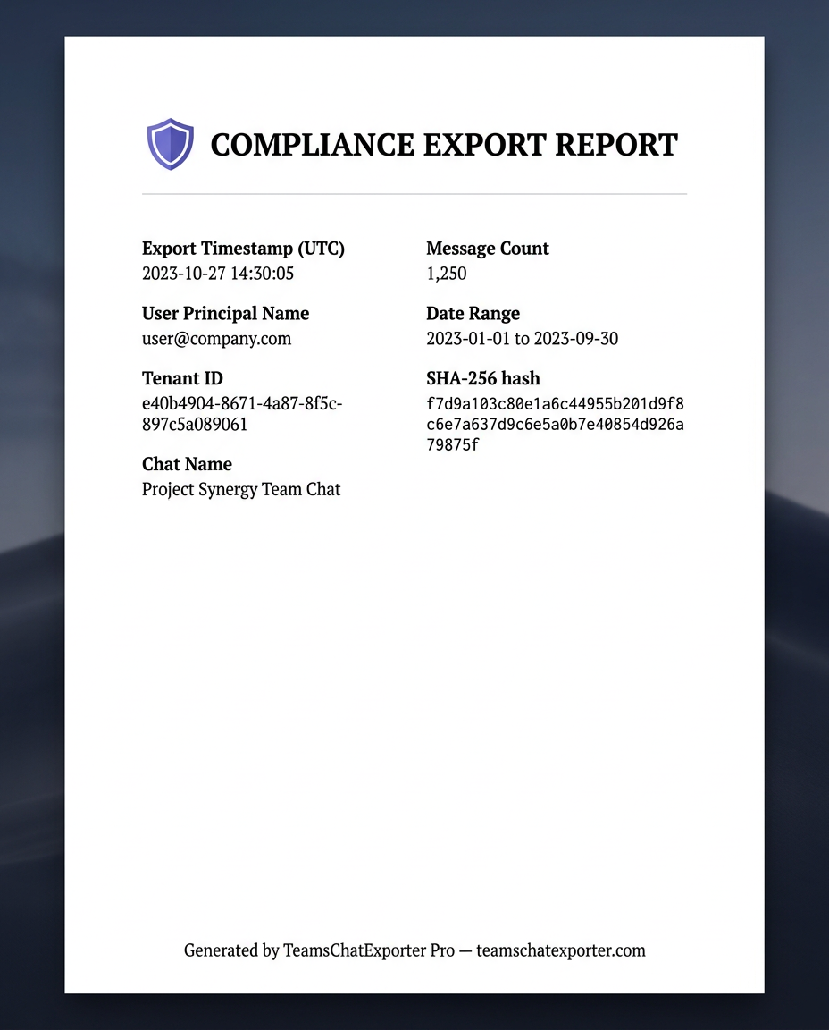 Compliance PDF cover sheet with SHA-256 hash and metadata
