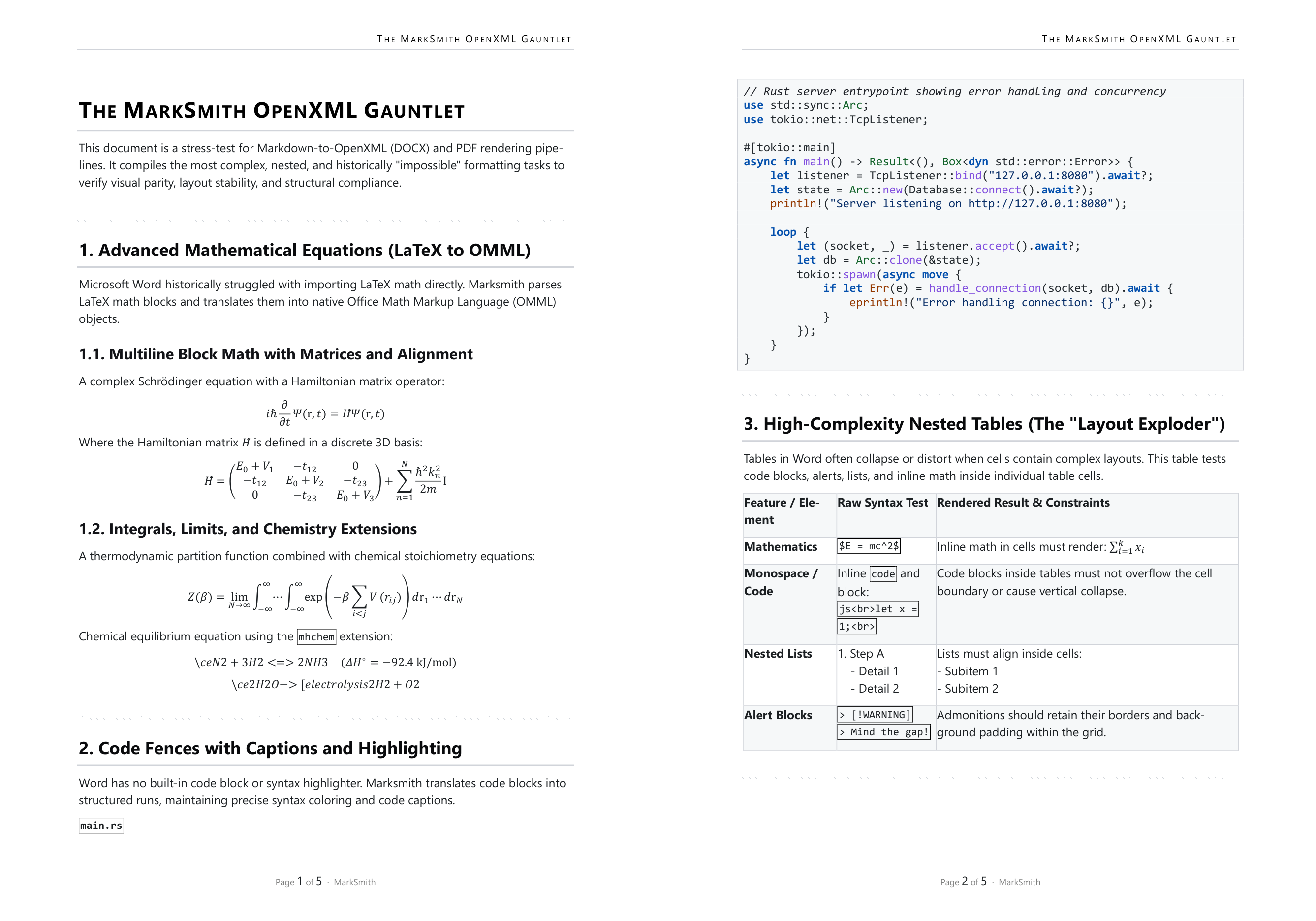 A MarkSmith-generated DOCX open in Microsoft Word with equations, code and a complex table